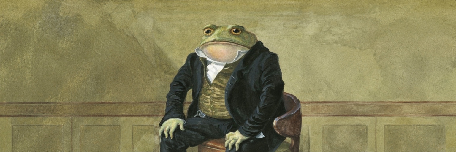 The Gentleman Toad seated in a black coat and gold waistcoat
