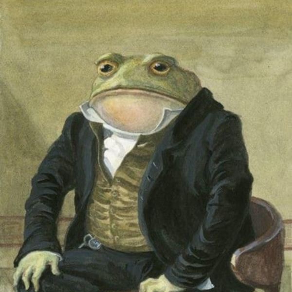 Portrait of the Gentleman Toad in a formal black coat and waistcoat