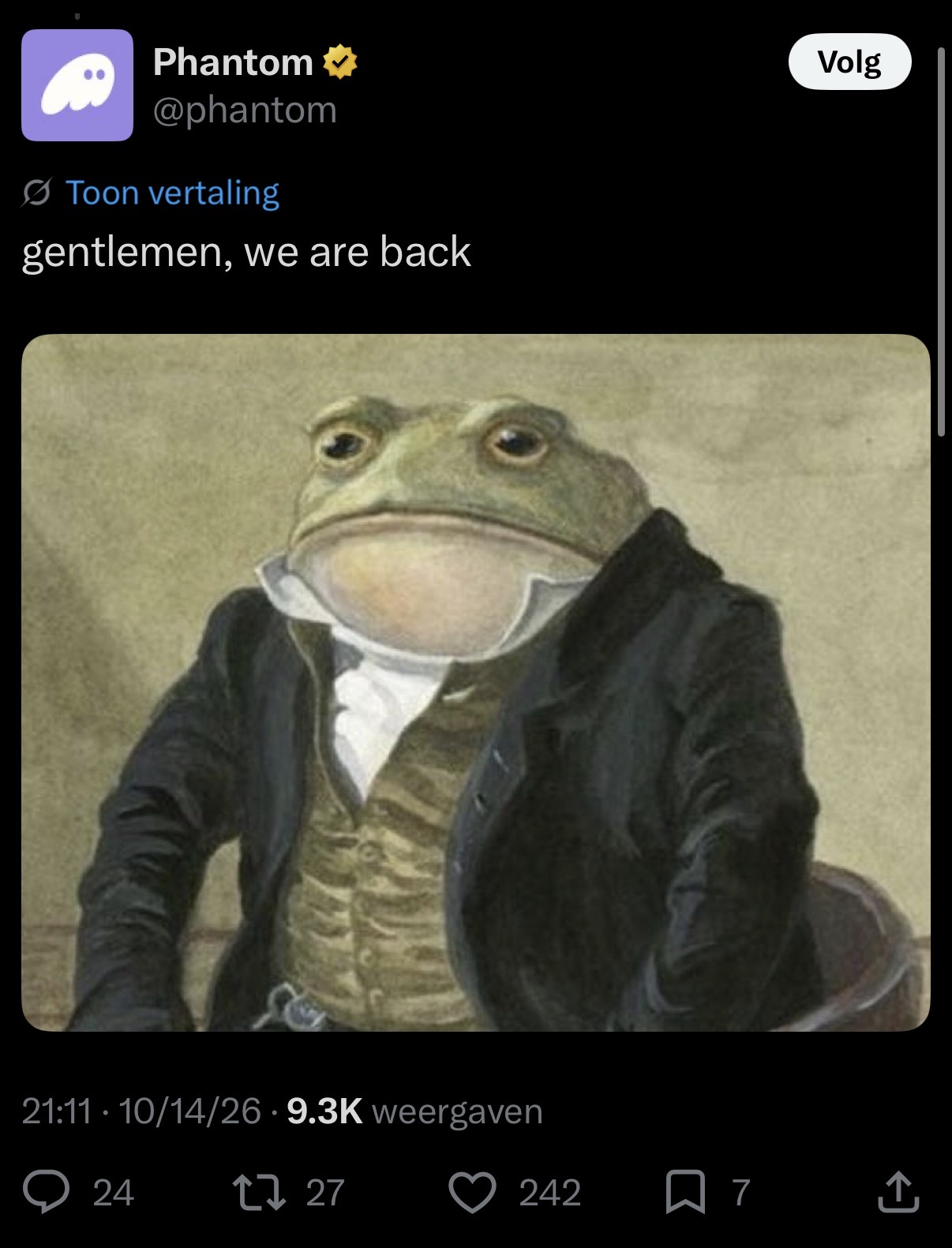 Screenshot of Phantom's X post reading: gentlemen, we are back, with the Gentleman Toad image